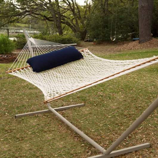 Large Duracord Rope Hammock with Tri-Beam Steel Hammock Stand and Hammock Pillow