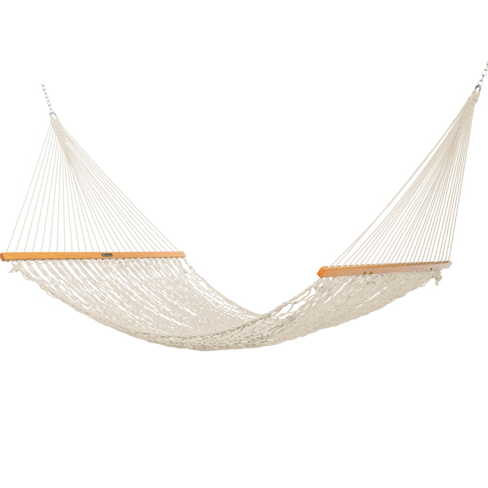 Large Oatmeal DURACORD® Rope Hammock with TRI-BEAM® Steel Hammock Stand and Optional Long Plush Hammock Pillow