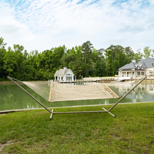 Large Oatmeal DURACORD® Rope Hammock with TRI-BEAM® Steel Hammock Stand and Optional Long Plush Hammock Pillow
